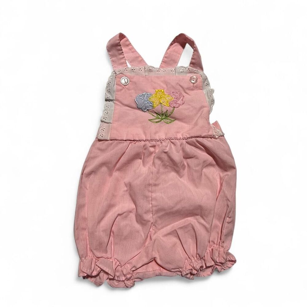 Vintage Cuties by Judy‎ Baby Pink Embroidered Floral Romper Overalls Size 12M